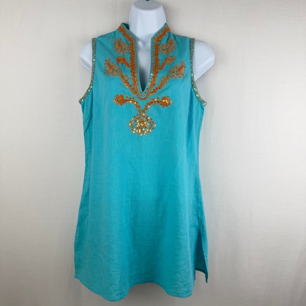 Anne Carson Turquoise Linen Blend Embroidered Sequin Tunic Top Boho M